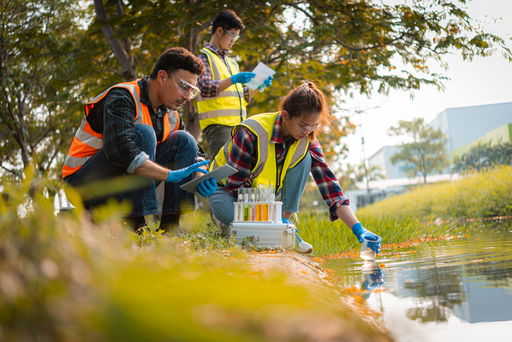 arbeiten-in-der-biologie.jpg Drei Biologen nehmen eine Wasserprobe