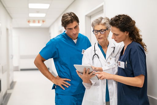 arbeiten-in-der-medizin.jpg Eine Ärztin betrachtet mit zwei Medizinern medizinische Daten auf dem Tablet