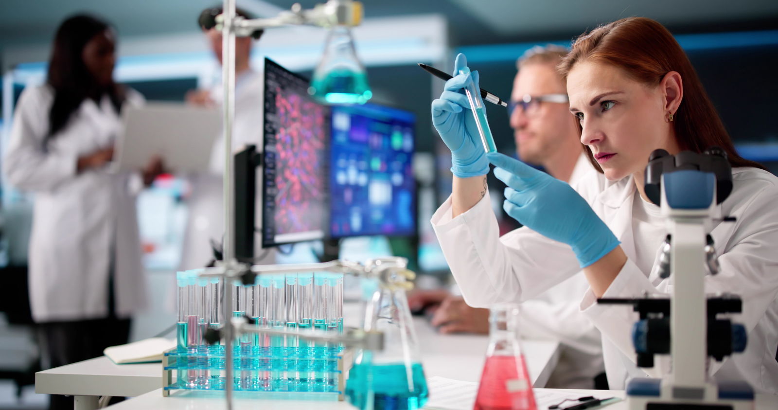 Eine Wissenschaftlerin überprüft im Labor eine blaue Flüssigkeit in einer Ampulle