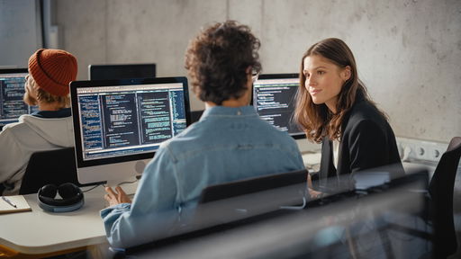 informatik-it.jpg Ein Informatiker und eine Informatikerin vor Bildschirmen